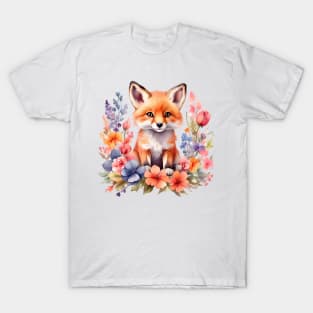 A red fox decorated with beautiful colorful flowers in a watercolor illustration T-Shirt